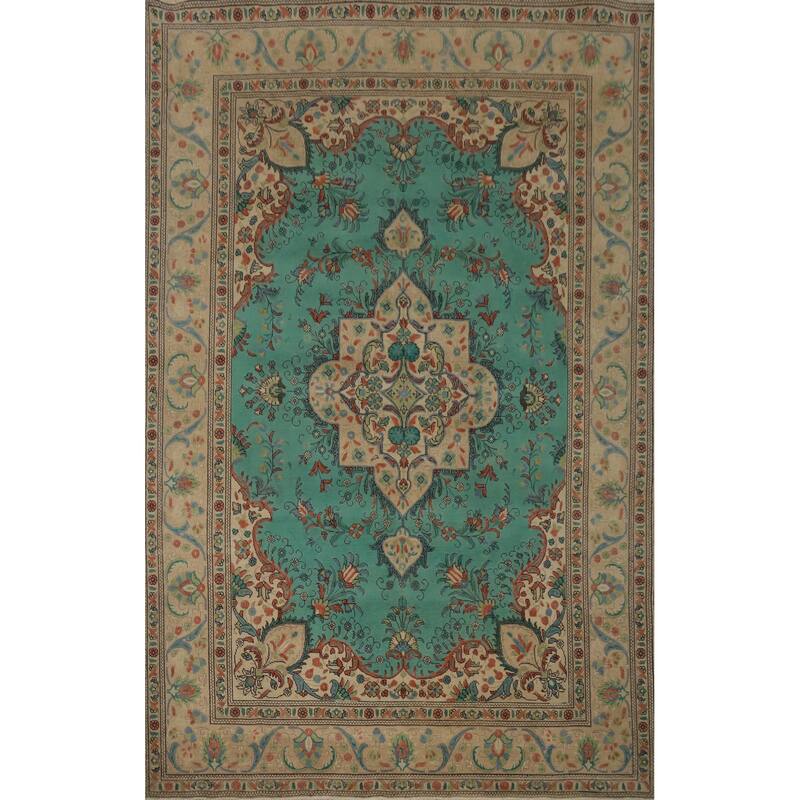 Hand Knotted Oriental 100% Wool Carpet Traditional Floral Green Tabriz Area Rug - 10' 11'' X 8' 3''