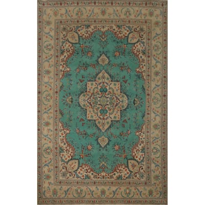 Hand Knotted Oriental 100% Wool Carpet Traditional Floral Green Tabriz Area Rug - 10' 11'' X 8' 3''
