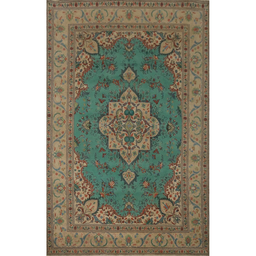 Hand Knotted Oriental 100% Wool Carpet Traditional Floral Green Tabriz Area Rug - 10' 11'' X 8' 3''