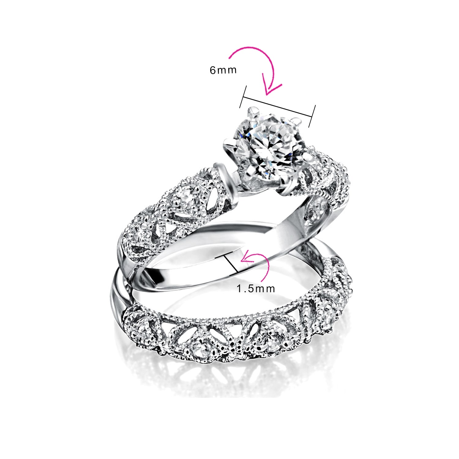 Fashion Rings 6Prong Solitaire Accent Wedding Ring Baguette Round CZ