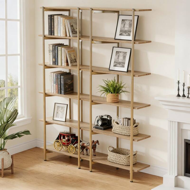 71-Inch Tall Bookshelf, 55'' Wide 6-Tier Bookcase with Metal Frame