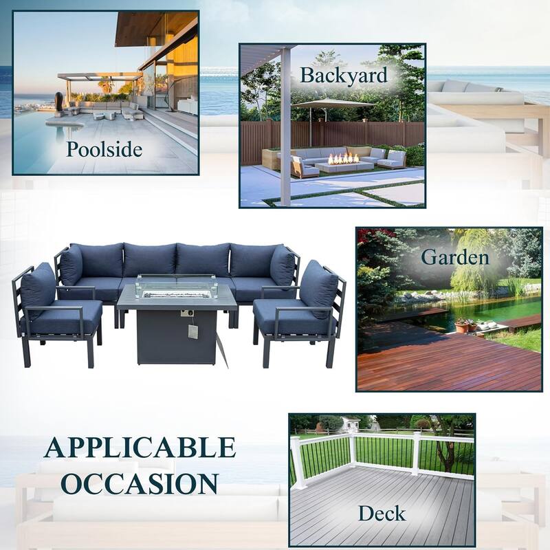 Chelsea 7-Piece Outdoor Patio Sectional Set with Firepit Table in Black Aluminum for Backyard Garden and Patio Deck