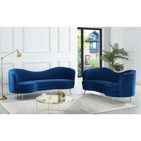 Blue velvet sofa with gold legs discount