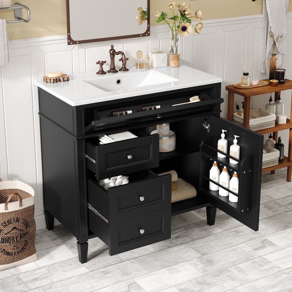 Roomfitters 36" Vanity with Sink, Modern Bathroom Cabinet with 2 Drawers and Tip-out Storage, Freestanding Design