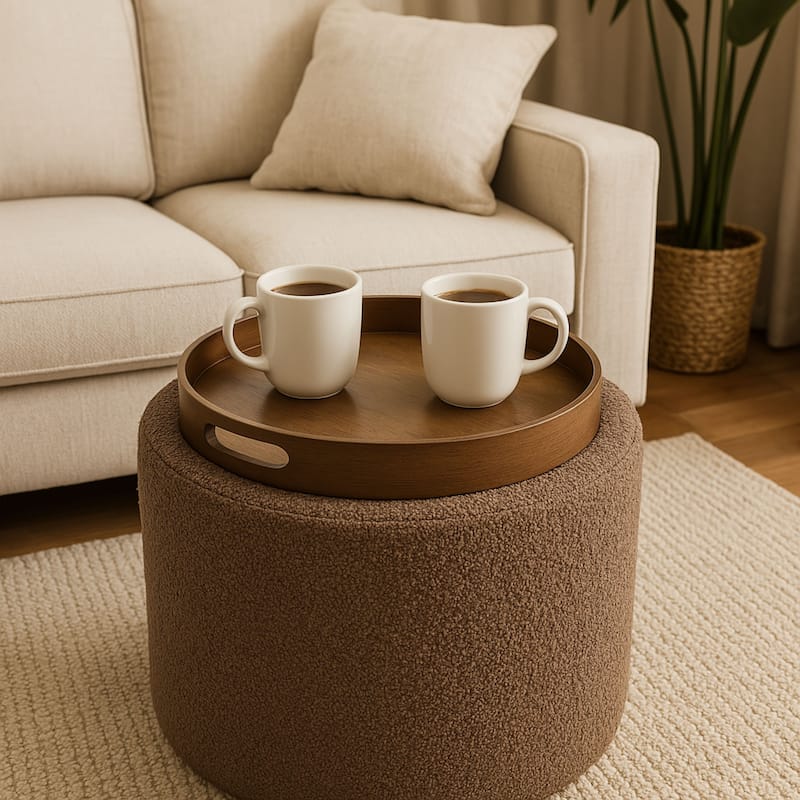Aria Home Brown Boucle Tufted Storage Ottoman with Removable Tray Top