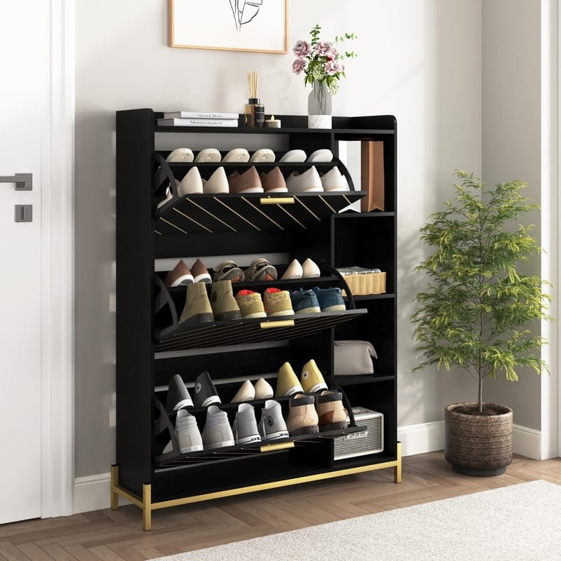 Shoe Cabinet with 3 Flip Drawers and Open Shelves