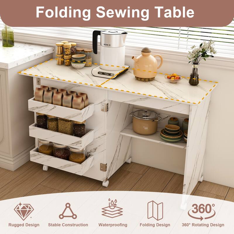4-in-1 Folding Sewing & Craft Table with Storage, Rolling Workstation Display Cabinet End Table Dining Table