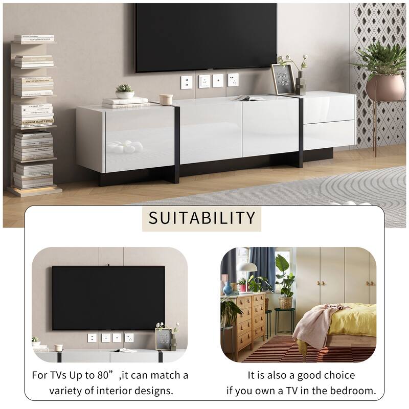 Modern TV Console for TVs Up to 80'', Contemporary Rectangle Design with 3 Cabinets & 2 Drawers, High Gloss Surface