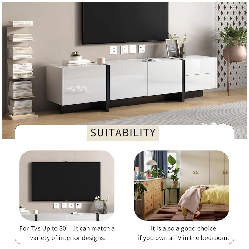 Rectangular High Gloss TV Stand for Living Room, Entertainment Media Console, Wood TV Storage Cabinet for TVs Up to 80"