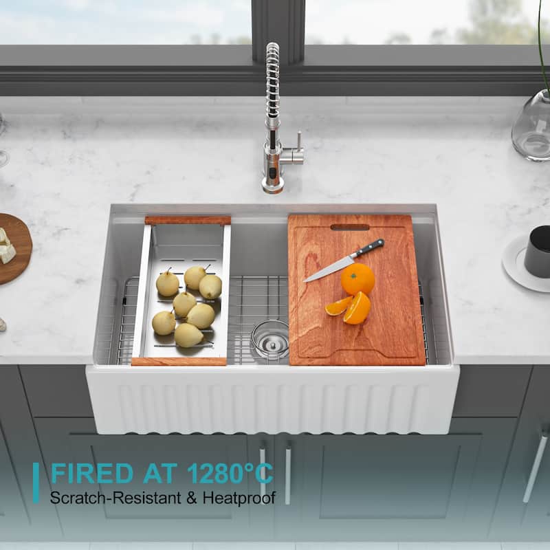 33" White Farmhouse Kitchen Sink Workstation - White Porcelain Ceramic Sngle Bowl Reversible Design Kitchen Sink