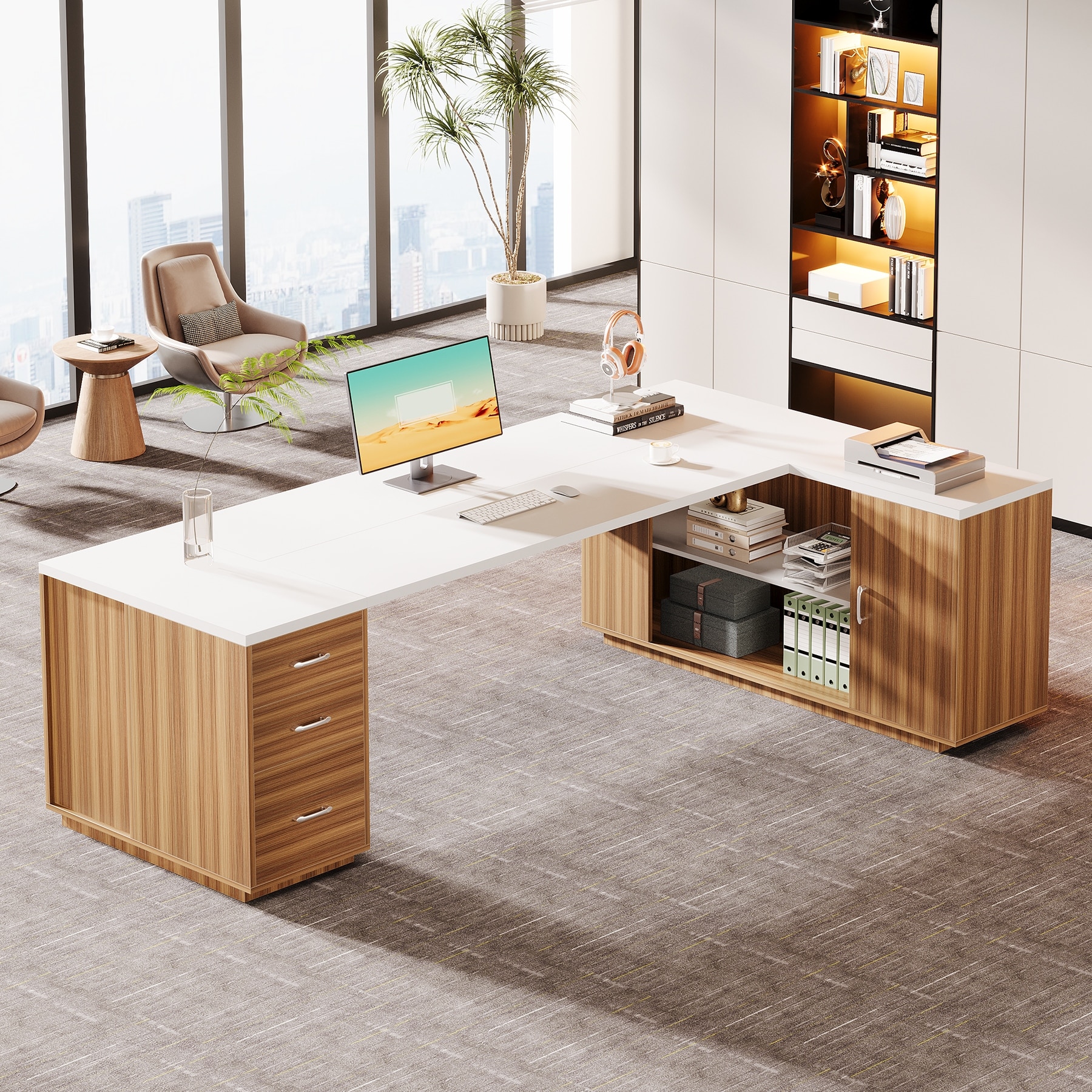 85.8" L-Shaped Executive Desk, Extra Large Office Desk with Drawers