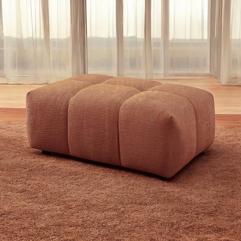 Linen Upholstered Rectangular Ottoman in Coral Red