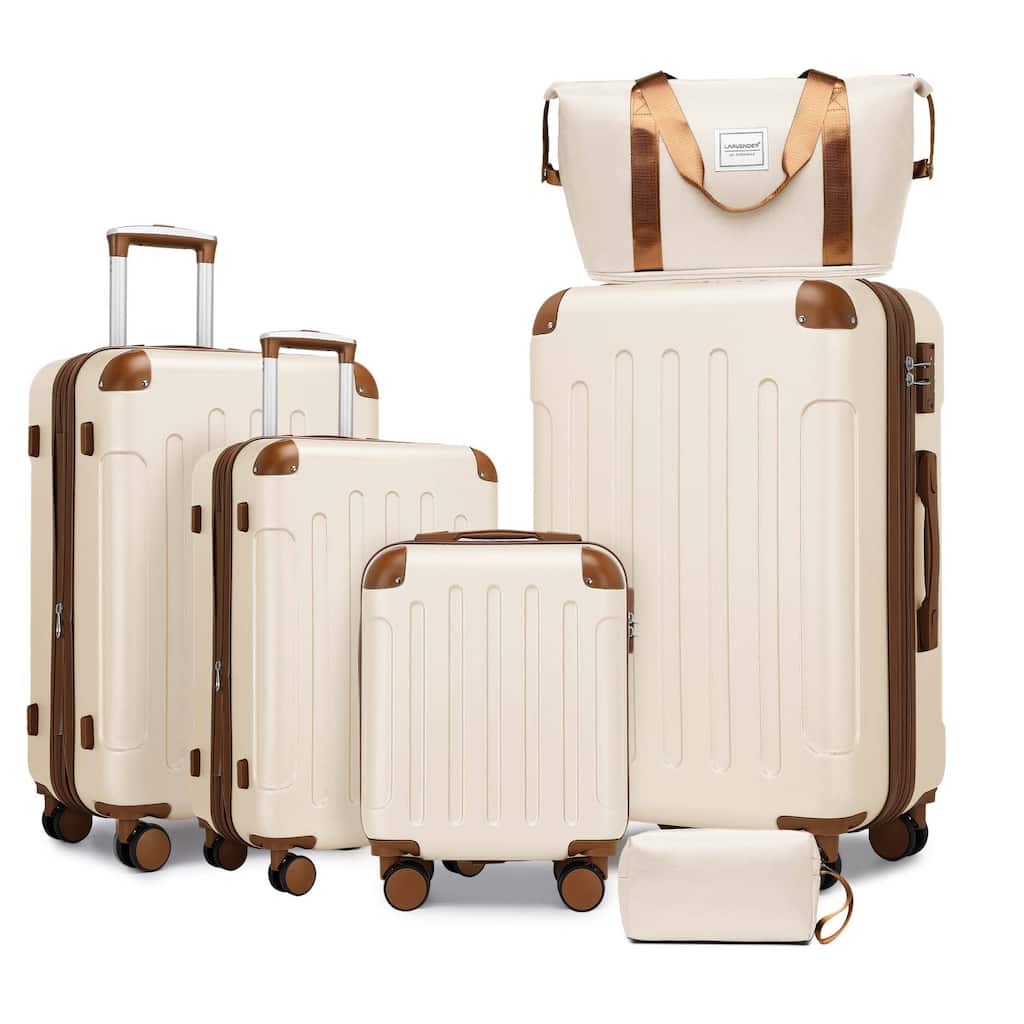 6-Piece Modern Luggage Sets, Expandable Luggage with Travel Bag, TSA Lock and Spinner Wheels, for Boarding Travel, Cream+Brown