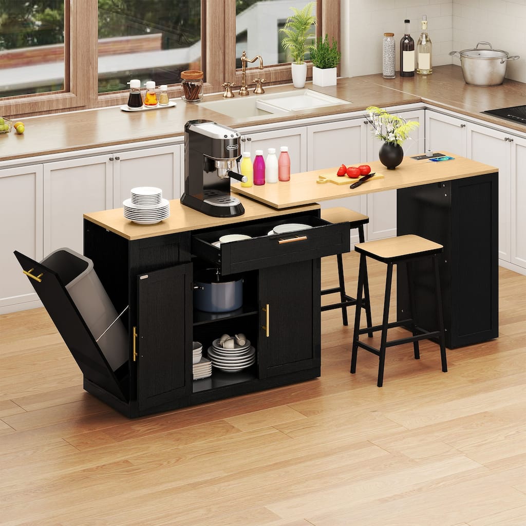 Moasis Kitchen Islands with Extendable Dining Table & 2 Seating,Rolling Kitchen Cart with Trash Cabinet and Power Outlet