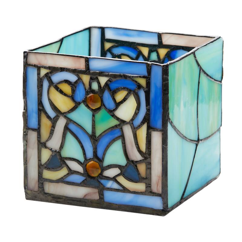 River of Goods 4.75-Inch Blue Flourishes Stained Glass Candle Holder - 4.75" x 4.75" x 4.75"