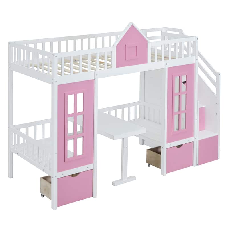 Twin-Over-Twin Bunk Bed with Changeable Table, Bunk Bed Turn into Upper Bed and Down Desk -Pink