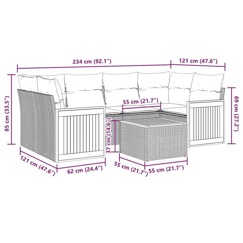 vidaXL 7 Piece Patio Sofa Set with Cushions Gray Poly Rattan - 94.9x27.2x94.9
