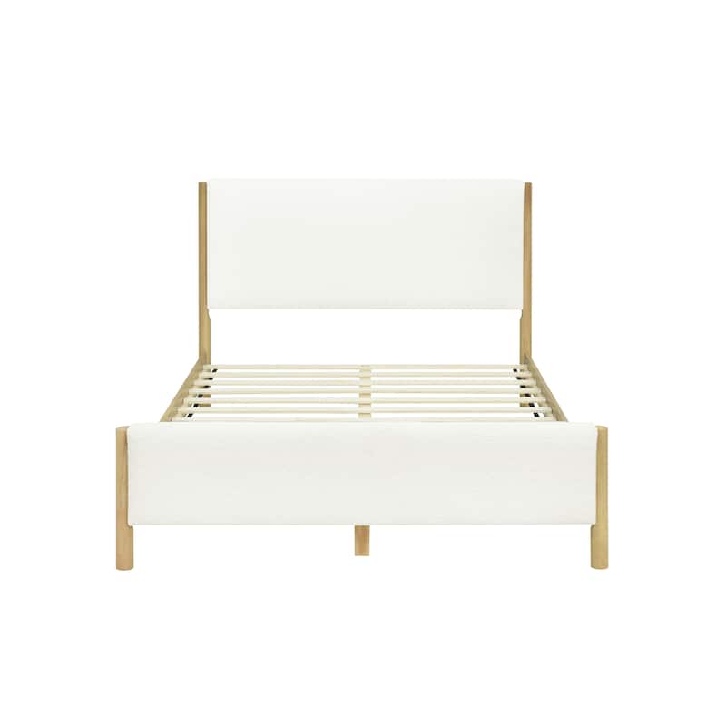 Boucle Upholstered Bed with Rubberwood Legs, Modern Platform Bed with Headboard, Queen/King Scandinavian Bed Frame for Bedroom