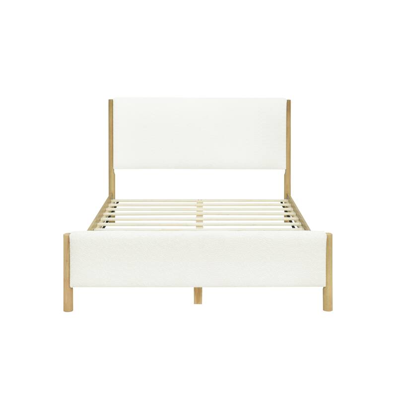 Queen Size White Boucle Upholstered Bed with Rubberwood Legs, Modern Design