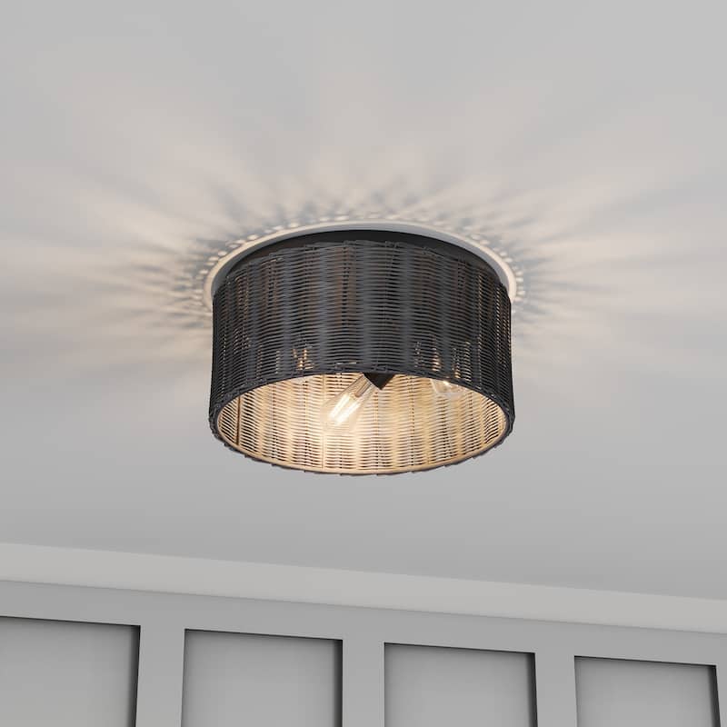 Farmhouse Hand-Woven Rattan 3-Light Drum Flush Mount Ceiling Light