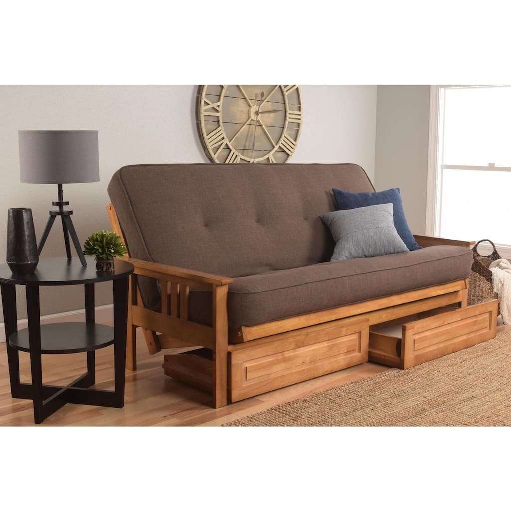 79 in. Barbados/Linen Cocoa Linen Upholstered Full Size Futon Set with Mattress and Storage Drawers
