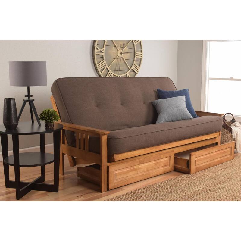 79 in. Barbados/Linen Cocoa Linen Upholstered Full Size Futon Set with Mattress and Storage Drawers