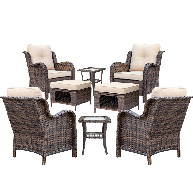8 Piece Outdoor Wicker Patio Furniture Conversation Chair and Ottoman Set