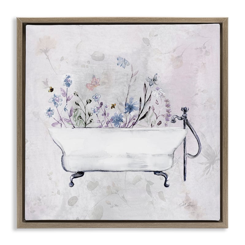 Stupell Antique Bathtub Botanicals Framed Floater Canvas Wall Art Design By Stella Chang - 18 x 18 - Brown