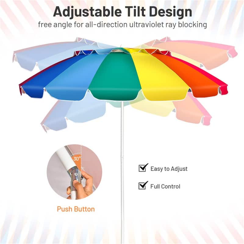 Large 8ft Beach Umbrella with Tilt and 16 Fiberglass Ribs for Beach or Patio Carry Bag Included