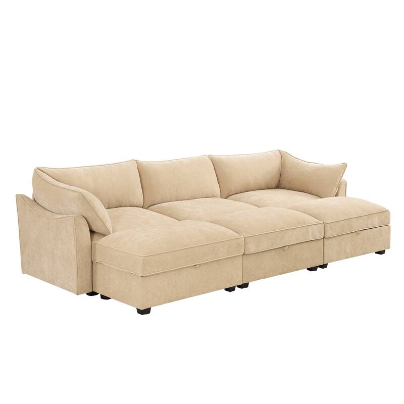Modular Upholstered Sofa with 3 Ottomans and Storage Drawers, Deep Seat Chenille Sleeper Couch for Living Room, Home Theater