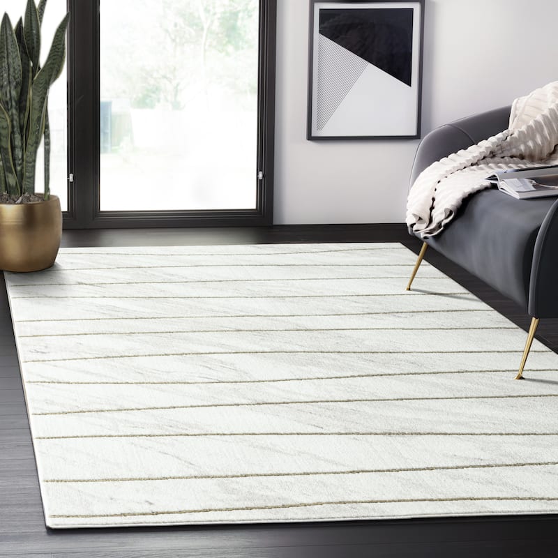 Abani Luna Contemporary Marble Gold Striped Indoor Area Rug - 5'3" x 7'6" - Ivory