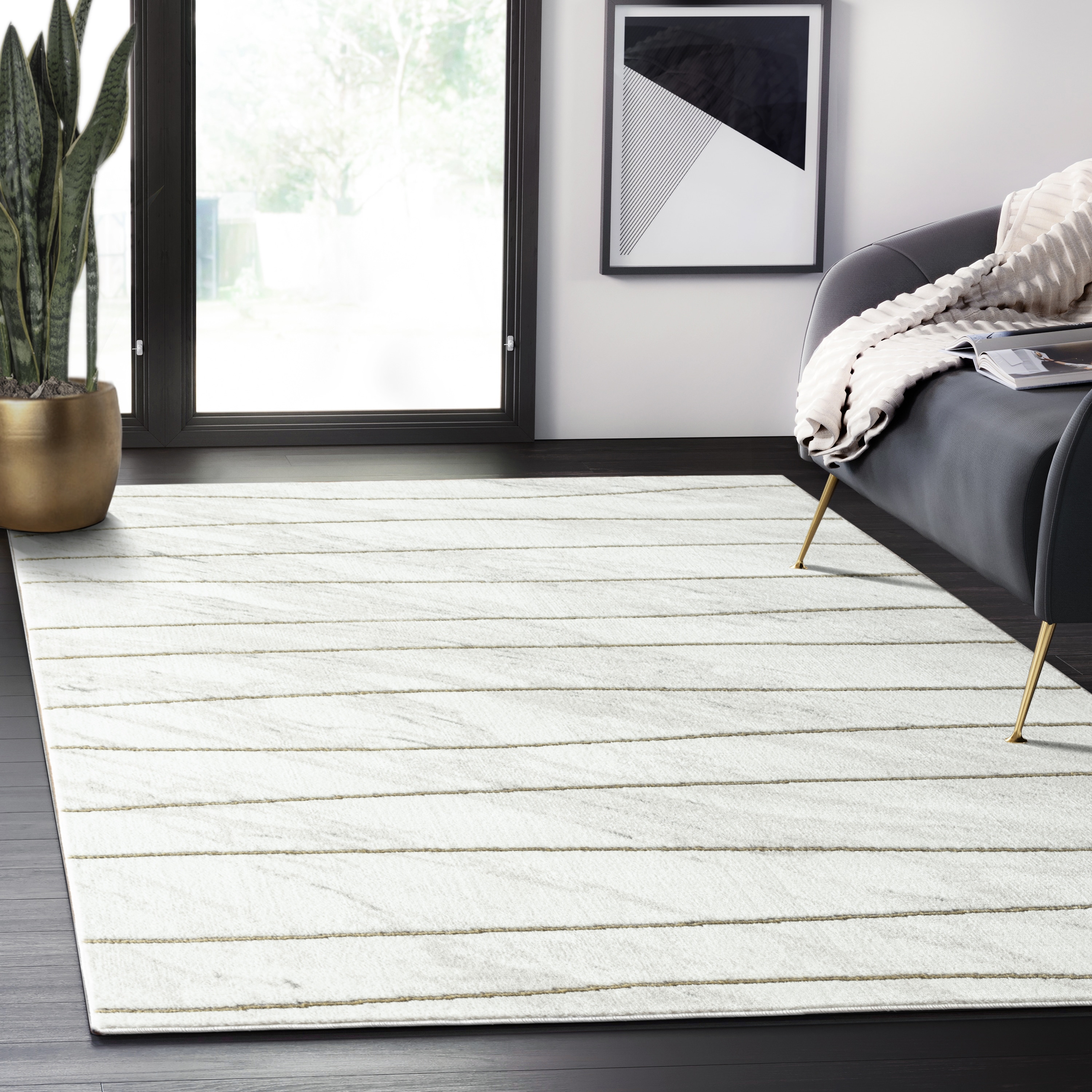Abani Luna Contemporary Marble Gold Striped Indoor Area Rug
