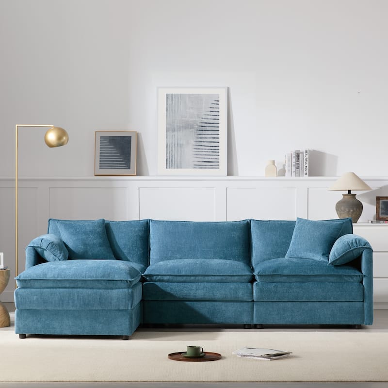 L-Shaped Modular Sectional Sofa with Ottoman, Oversized Chenille Upholstered Cloud Couch, 4-Seater Sofa with Double Cushions
