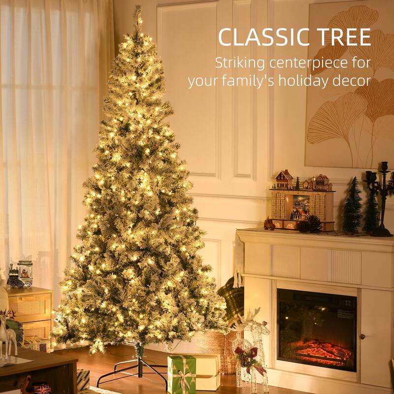 HOMCOM Pre-Lit Flocked Christmas Tree - Snow Flocked Branches, Warm White LED Lights, Auto Open, Green