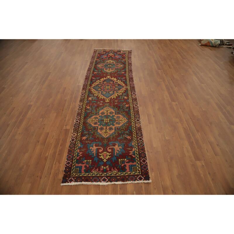 Hand Knotted Oriental 100% Wool Carpet Traditional Medallion Red Heriz Runner Rug - 10' 10'' X 2' 11''