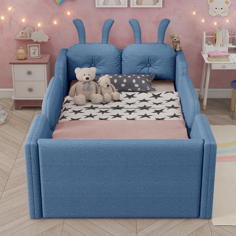 Blue Twin Upholstered Platform Bed with Rabbit Cushion & Removable Side Rails! (Arrives 2025/1/15)