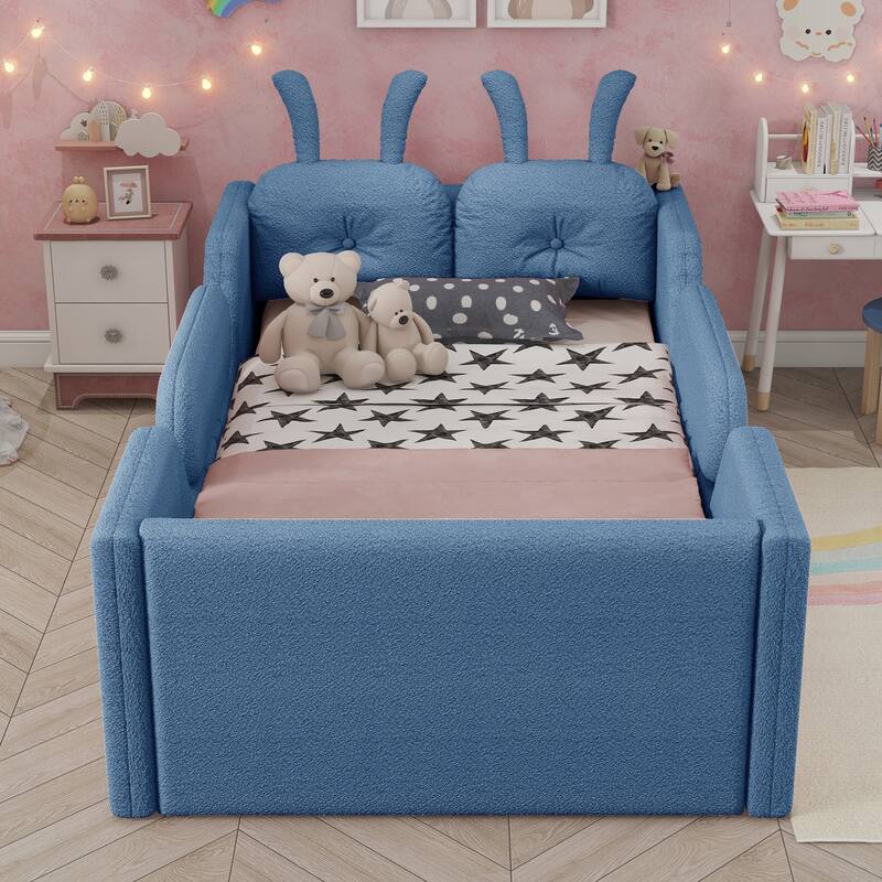 Twin Upholstered Platform Bed with Rabbit Cushion & Removable Rails - Blue - Twin