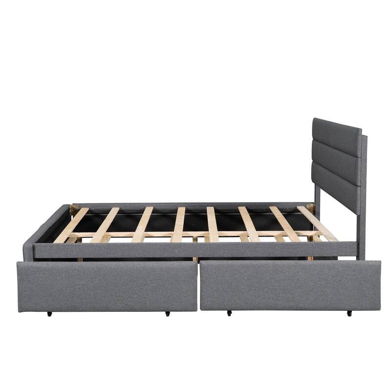 Upholstered Queen Size Platform Bed with 2 Storage Drawers and Twin Trundle Bed, Wood Queen Bed Frame with Linen Fabric