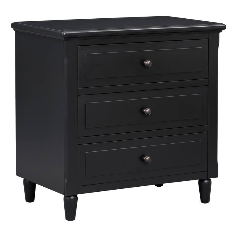 Black MDF Nightstand 3 Drawer Wooden Storage Cabinet for Bedroom Living Room