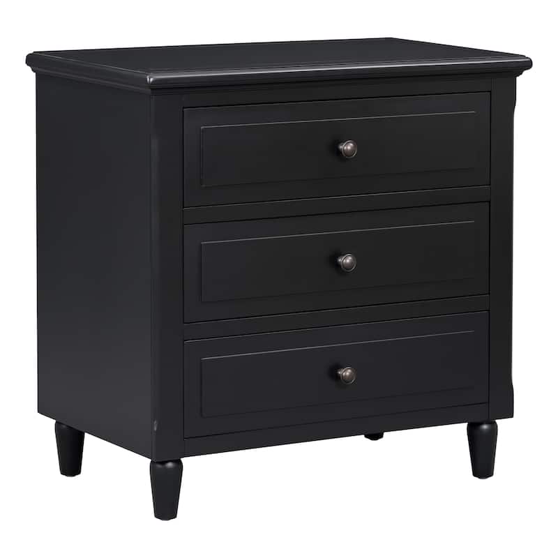 Fully Assembled 3-Drawer Nightstand, MDF & Pine Wood with Rubberwood Legs, Metal Ball Slide Glides