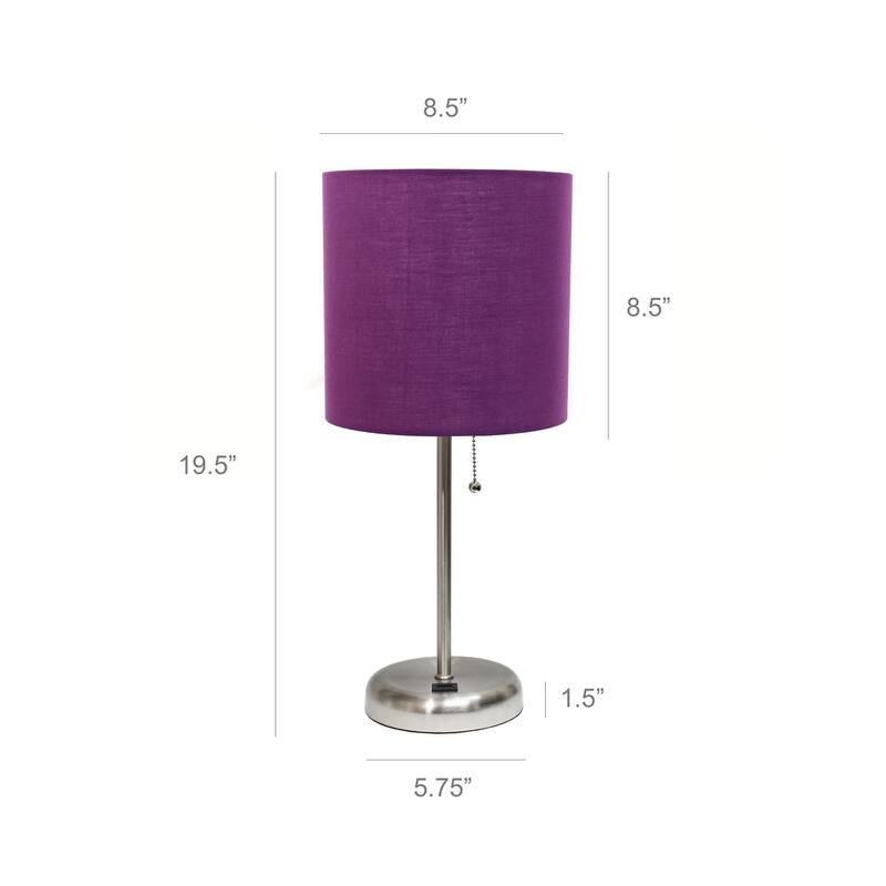 19.5 in. Brushed Steel Finish Table Lamp with Purple Shade, Durable Stick Lamp for End/Side Tables