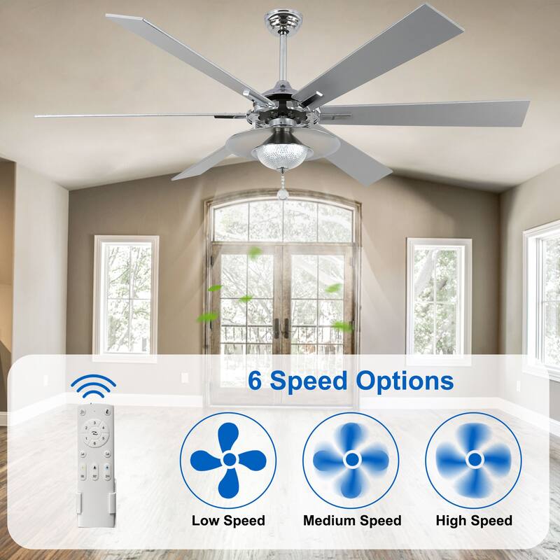 CurveCurio 72" Antique Lagre Ceiling Fan, Wood Blades and LED Lights Kit w Crystal Shade, Quiet DC Motor 6 Speed w Remote