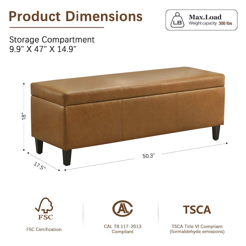 50.3" x 17.50" x 18" Upholstered Rectangular Storage Ottoman-Faux Leather