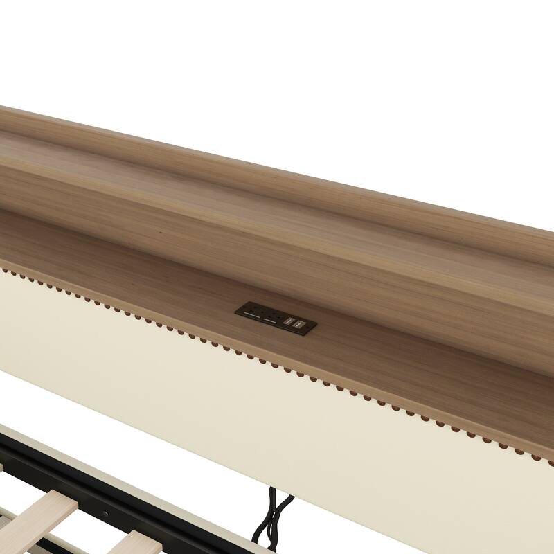 Roomfitters Upholstered Twin Daybed with Trundle, Built-in Charging Station & Lighting Headboard, Space-Saving Design