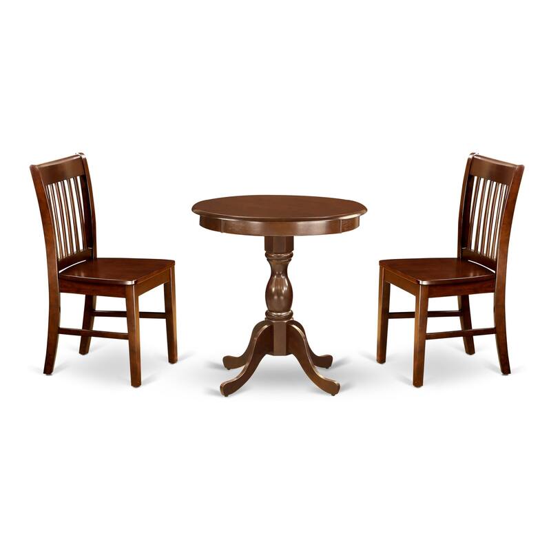East West Furniture 3 Piece Modern Dining Table Set- a Round Wooden Table and 2 Dining Chairs, (Seat & Finish Options)
