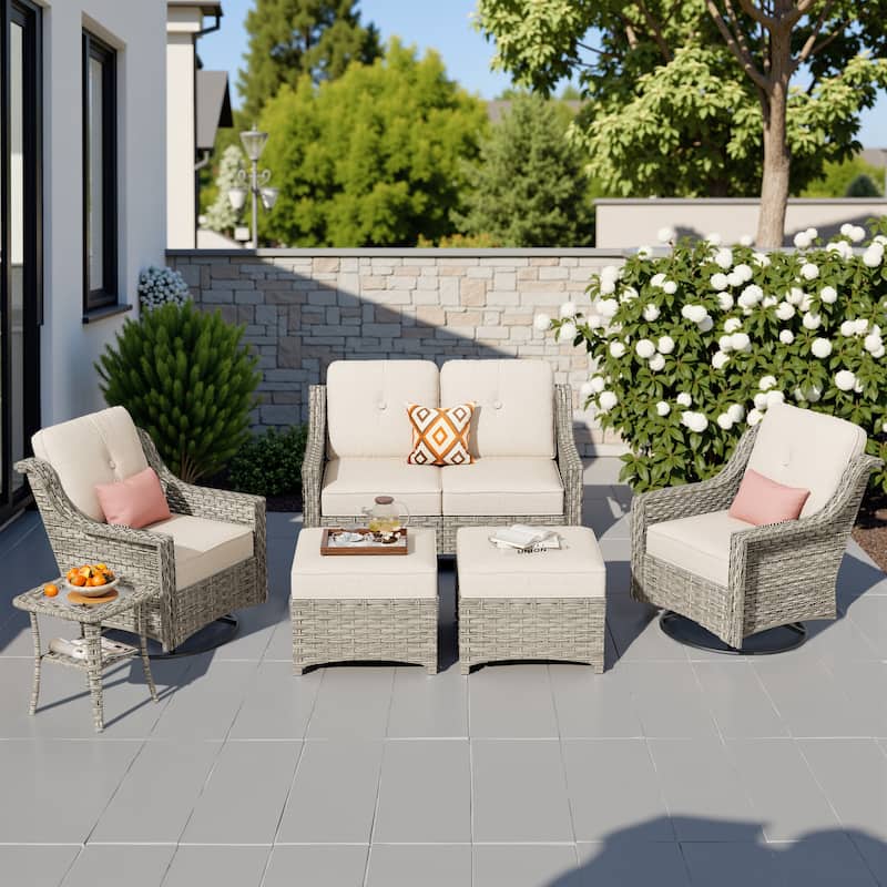 HOOOWOOO 6-piece Wicker Furniture Patio Loveseat Sofa Conversation Set with Swivel Chair