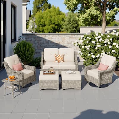 HOOOWOOO 6-piece Wicker Furniture Patio Loveseat Sofa Conversation Set with Swivel Chair