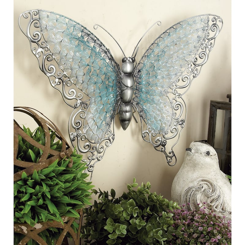 Iron Metal Eclectic Butterfly Wall Decor in Blue, Purple, or Green (16" H X 21" W)
