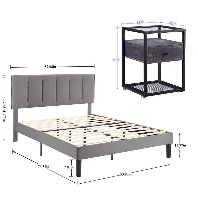 VECELO, Five Colors, 3-Pieces Tufted Upholstered Platform Bed Frame with Adjustable Height Headboard and Nightstands Set of 2