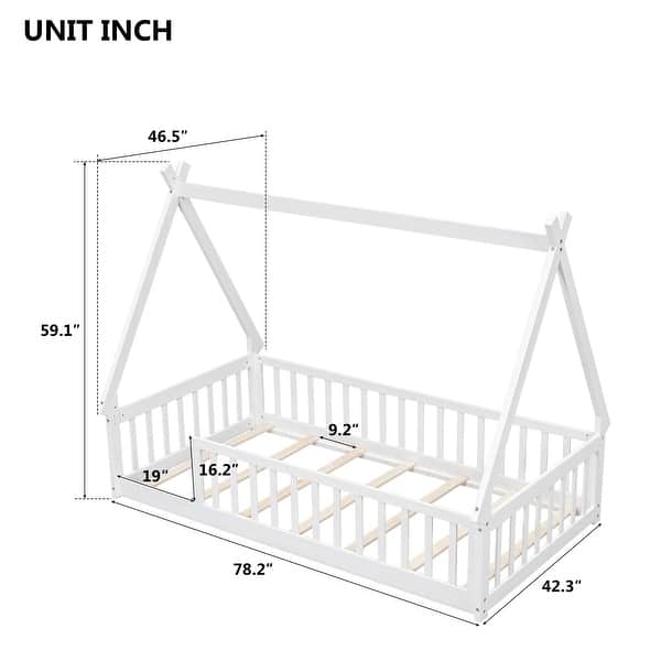 dimension image slide 2 of 3, Twin Size Teepee Bed with Guardrails and Slats, Tent-Shaped Floor Bed